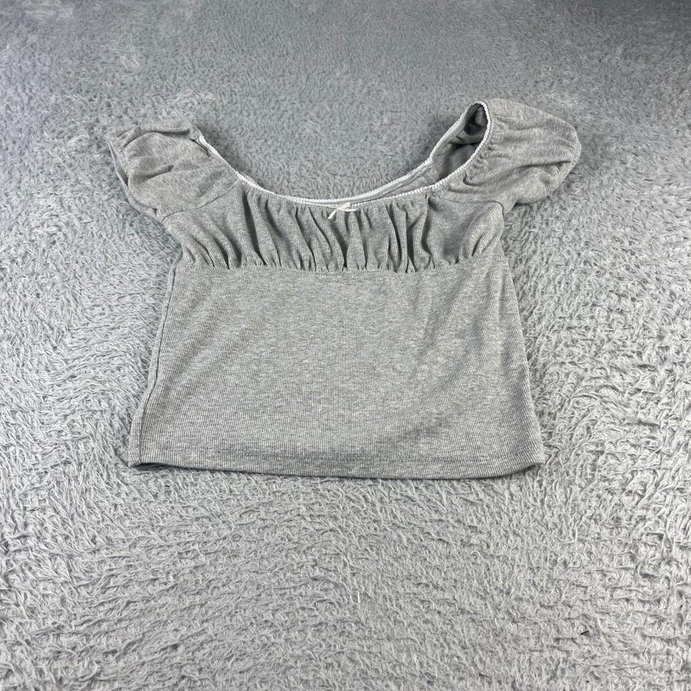 Aeropostale Womens Gray Ribbed Ruched Bust Lace Trim Crop Top Size Small